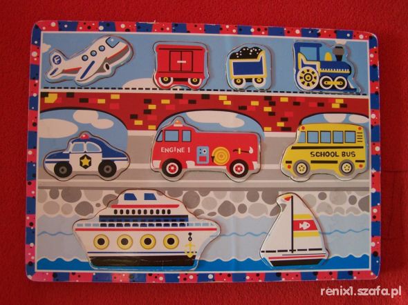 drewniane puzzle z pojazdami