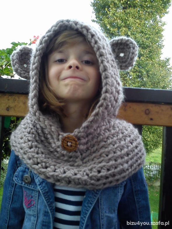 Nowy komin kaptur miś wełna z akrylem 7do 12lat