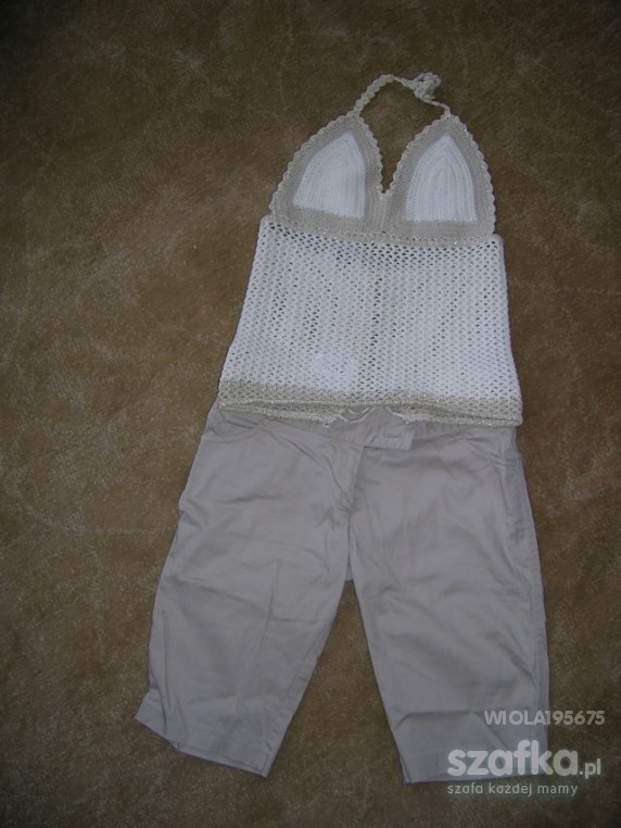 Komplet beżowe spodnie z ażurową bluzką