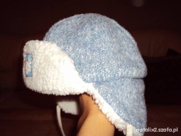 Czapeczka zimowa pilotka błękitna wełna polar