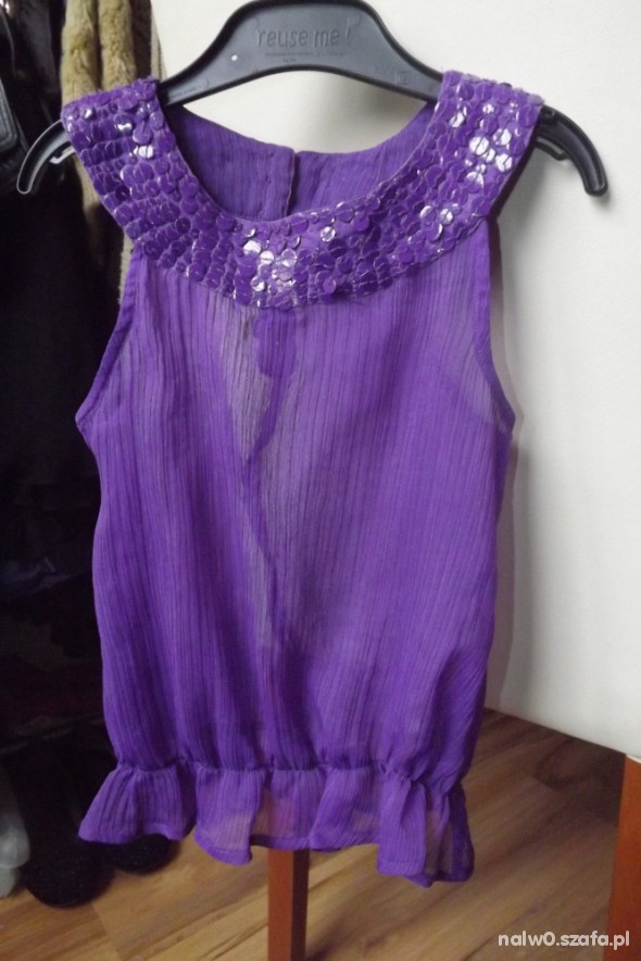 śliczna fioletowa mgiełka bez rękawów z cekinami