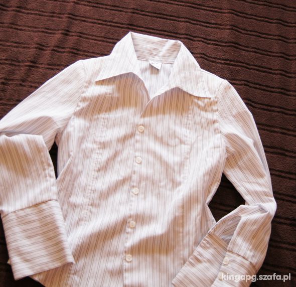 Biała koszulowa bluzka z srebrno czarne paseczki