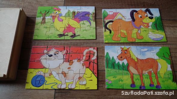 4 układanki puzzle drewniane zwierzątka
