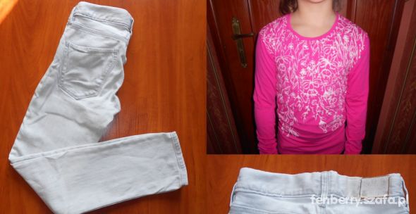 Jeansy rurki H&M 134 i Różowa bluzka na 146